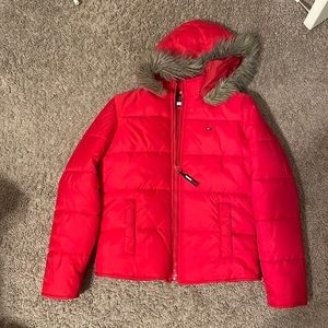 Tommy Hilfiger Red Puffer Coat with Fur Hood